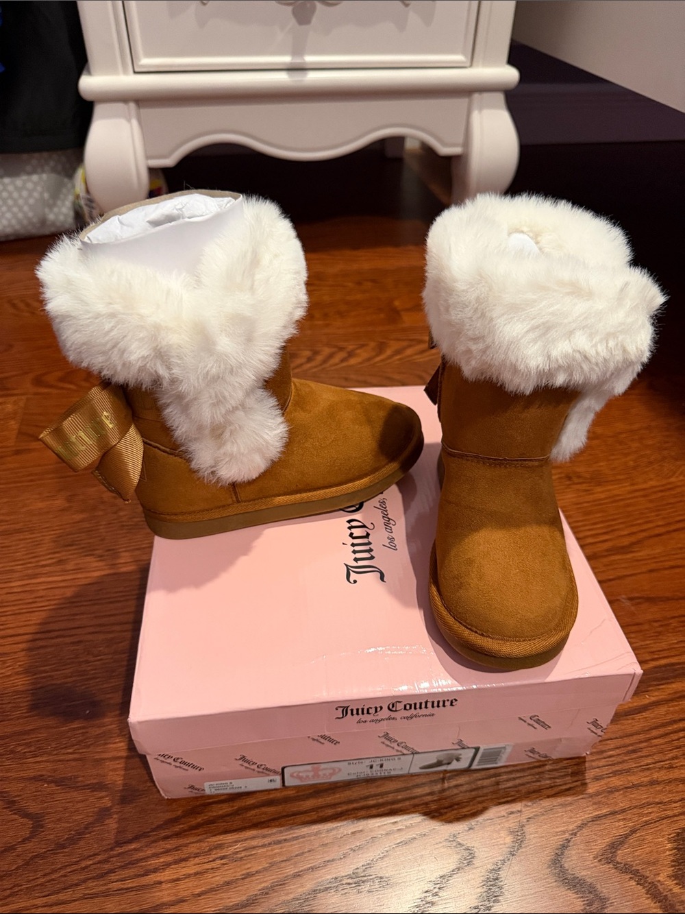 Girl Juicy Couture Tan Suede-Look Faux Fur Cuff Booties with Bow